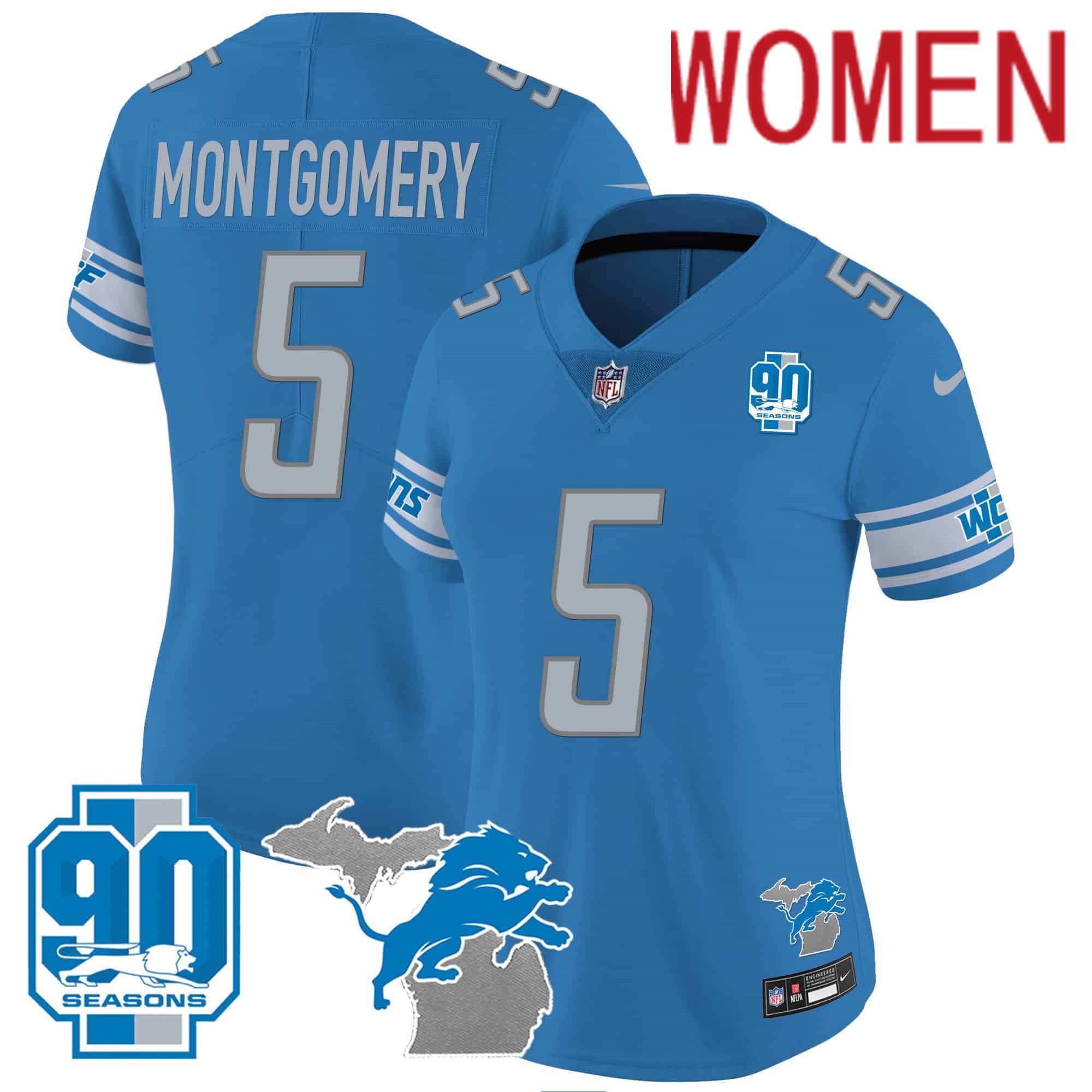 Women Detroit Lions #5 Montgomery Blue 2024 Nike 90th Year Michigan Patch Vapor NFL Jersey style 1